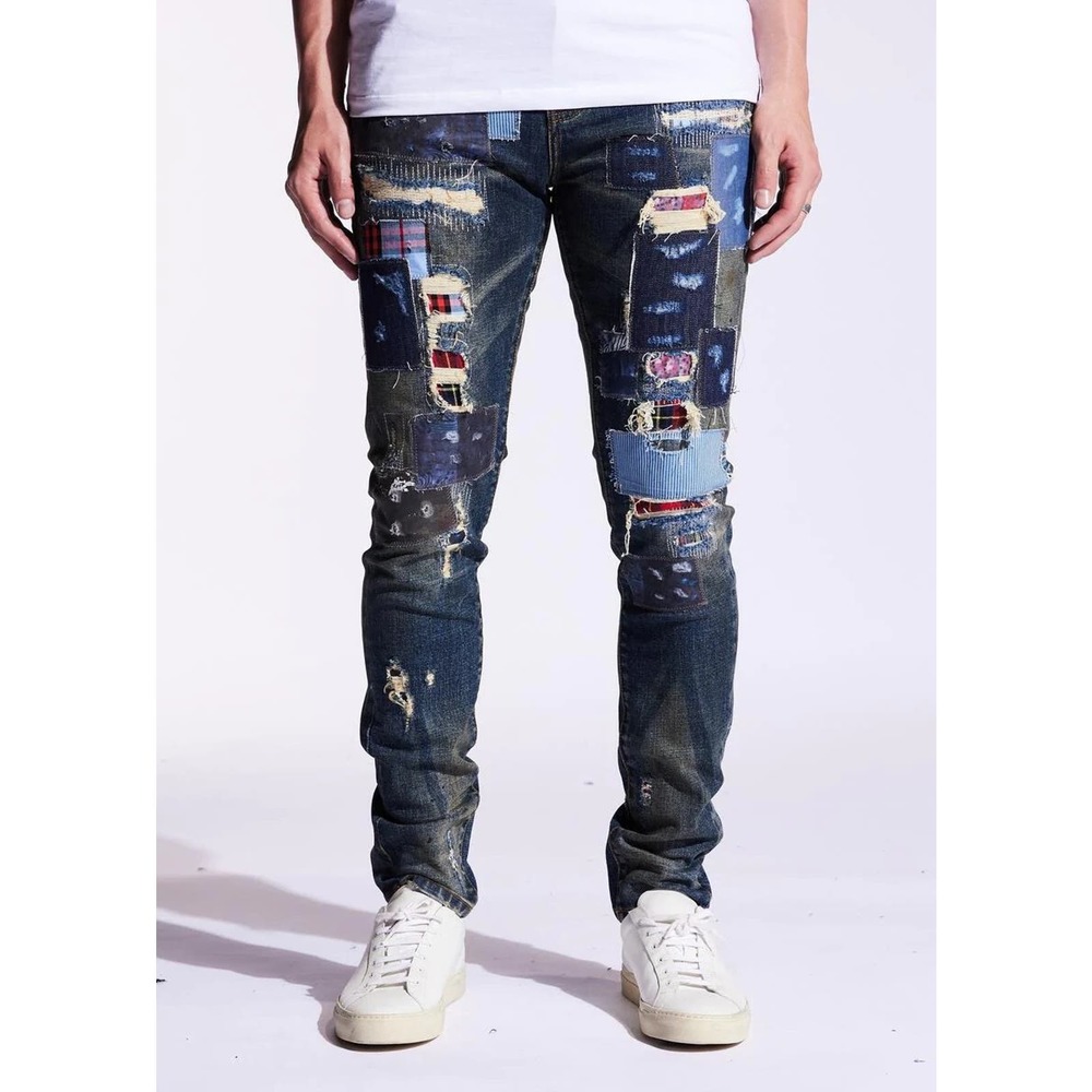Embellish NYC Men's Rip & Repair Patchwork Distressed Skinny Fit Denim Jeans